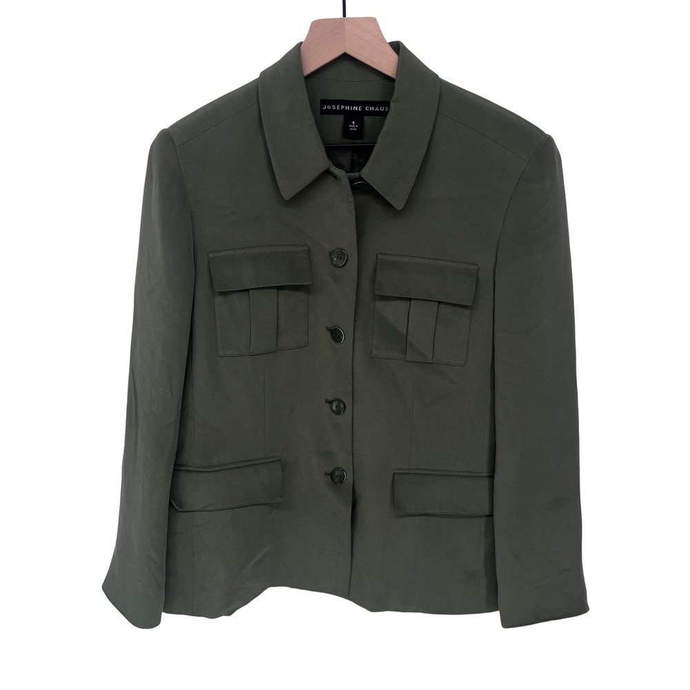 Josephine Chaus Silk Utility Jacket Womens 6 Olive Green Safari Military Career
